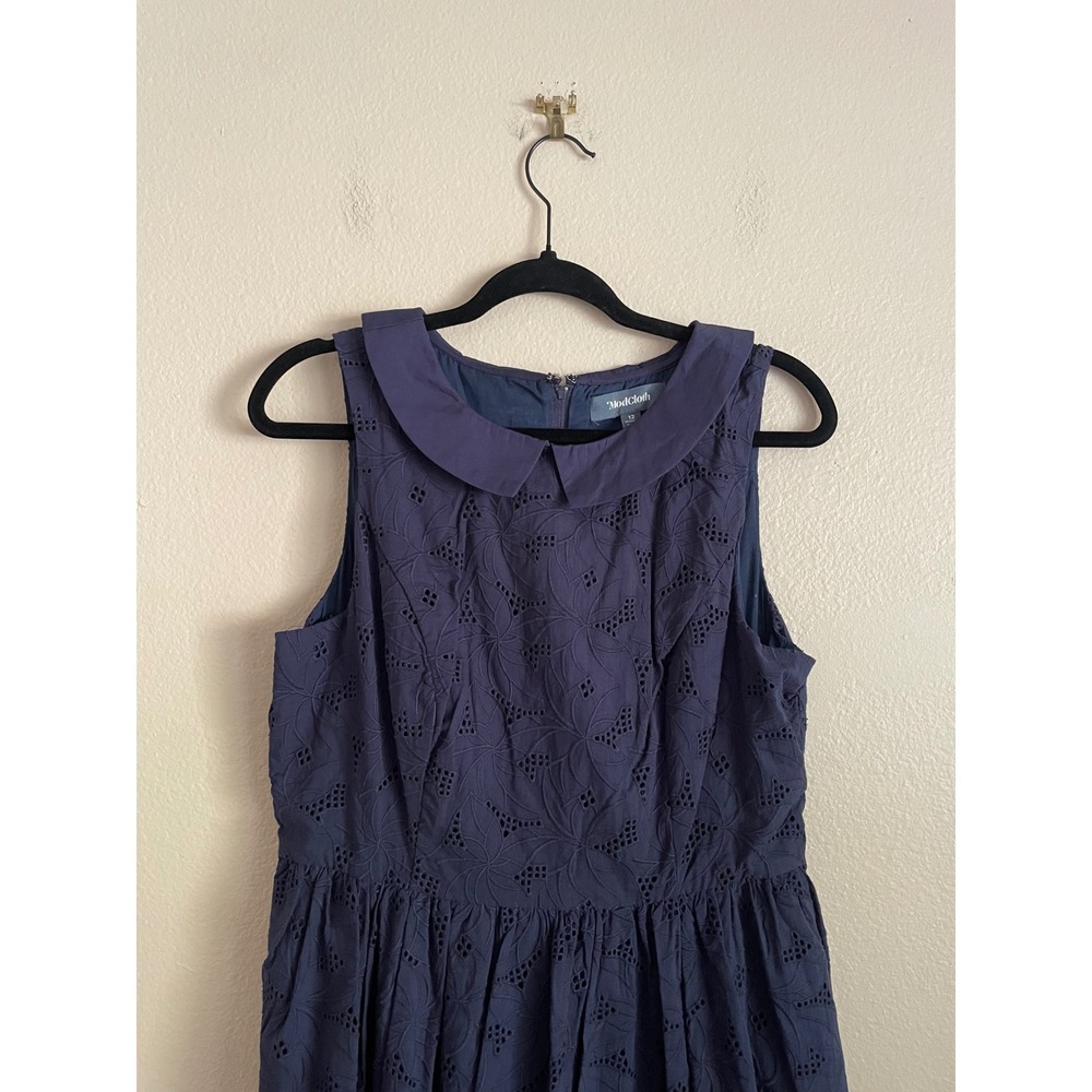 ModCloth Navy Blue Eyelet Peter Pan Collar Retro Midi Dress 12 Old Money Preppy - Picture 4 of 10